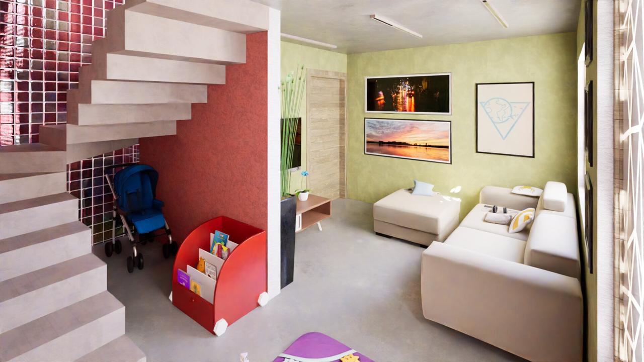 Escalera flotante y sala familiar - Residencia 001, CDMX, GA|MA Habitat